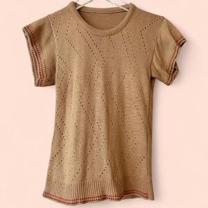 1960s Mocha Striped Pointelle Knit Light Sweater Blouse